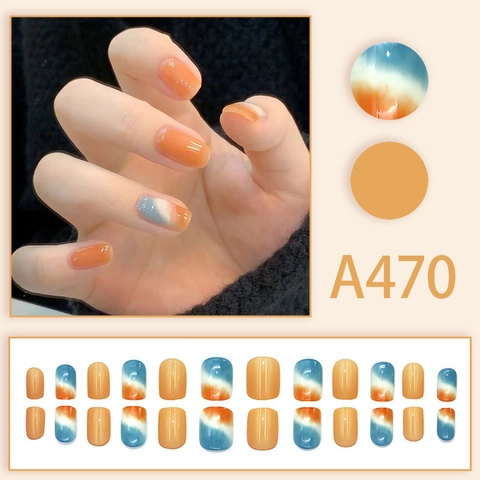 Short Square Press On Nails Smudge Amber Orange Gradient Glossy Fake Nails With Glue Minimalist Gentle Style For Women