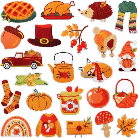 Thanksgiving Fall Autumn Embroidery Patches Iron On Appliques Pumpkin Maple Leaf Turkey For Clothes Bags DIY Decoration