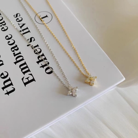Clover Flower Pendant Necklace 925 Sterling Silver 14K Gold Plated Zircon Elegant Dainty Jewelry Women