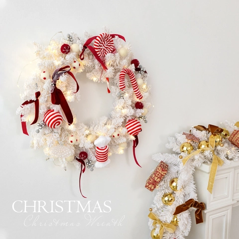 Ghirlanda Natalizia Bianca Floccata Con Luci Led Decorazioni A Bastoncino Di Zucchero E Omino Di Pan Di Zenzero Per Pareti