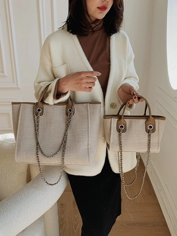 Large Capacity Canvas Tote Bag With PU Leather Trim And Metal Chain Shoulder Strap For Women Casual Travel Handbag