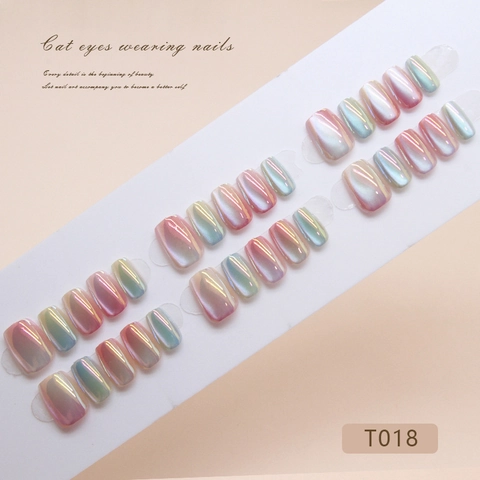Uñas Postizas Cat Eye Degradado Aurora Color Caramelo Efecto Perla De Vidrio Forma Ballet Corta Cuadrada Redonda Plástico ABS Para Mujeres
