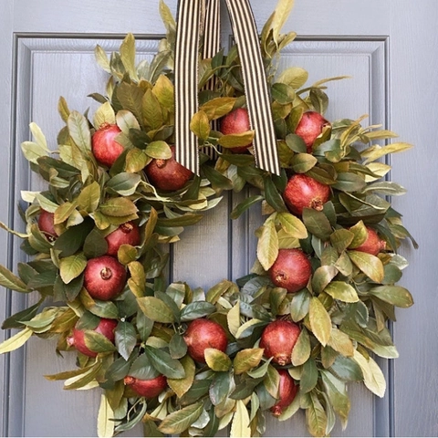 Artificial Pomegranate Wreath Red Fruit Green Leaves Autumn Harvest Front Door Hanging Decoration Plastic