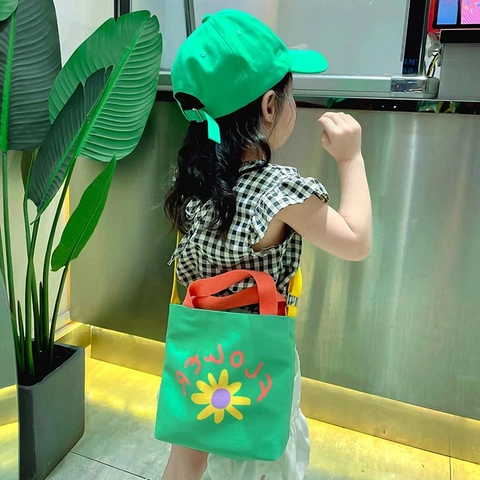 Kids Crossbody Bag Canvas Flower Print Cute Handbag Adjustable Strap Candy Color Sweet For Girls