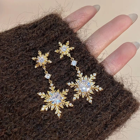 Orecchini Pendenti A Fiocco Di Neve Rame Zircone Nappa Con Perno In Argento Gioielli Eleganti Per Donna
