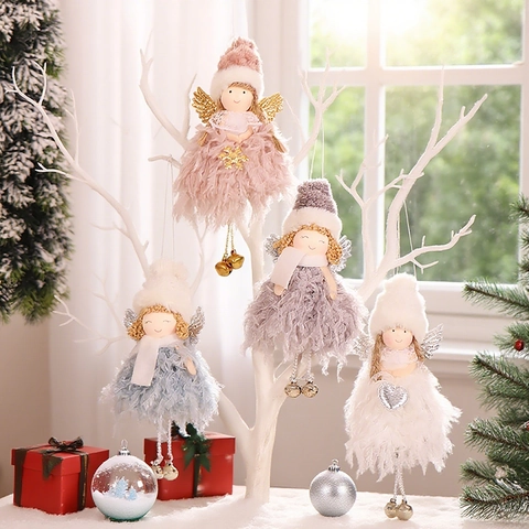Christmas Angel Hanging Ornaments With Plush Feather Skirt Knit Hat Golden Wings Bell Tree Decoration Cute
