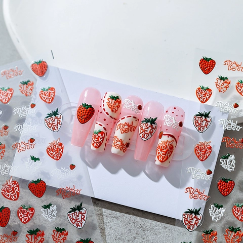 Adesivi Unghie Fragola Rilievo 3D Autoadesivi Frutta Cartone Animato Decorazione Manicure Per Donne