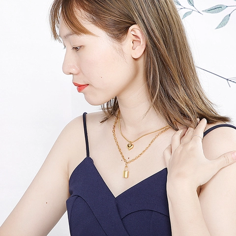 Collana A Doppio Strato In Acciaio Inossidabile Pendente A Cuore E Lucchetto Gioielli Di Moda Donne Oro Argento