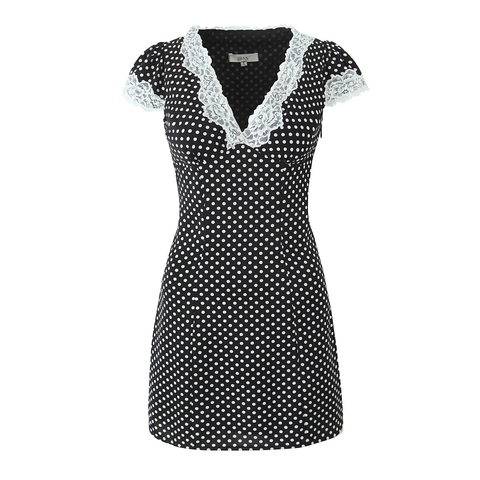 Vestido Corto De Lunares Encaje Patchwork Cuello En V Manga Corta Vintage Corte Entallado Elegante Verano