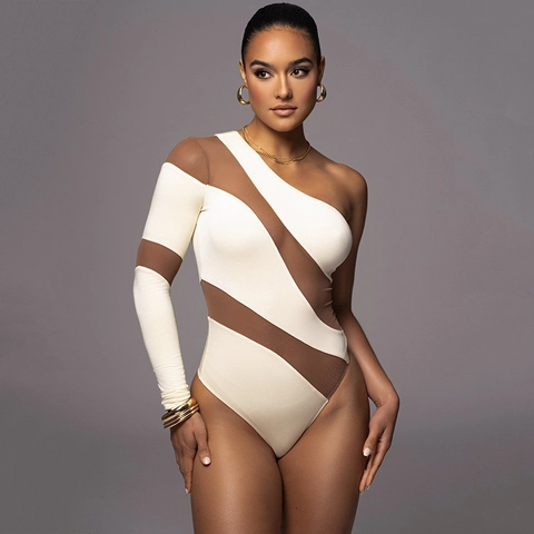 Body Donna Sexy Monospalla Maniche Lunghe Patchwork In Mesh Asimmetrico Trasparente Alta Elasticità Tuta Aderente