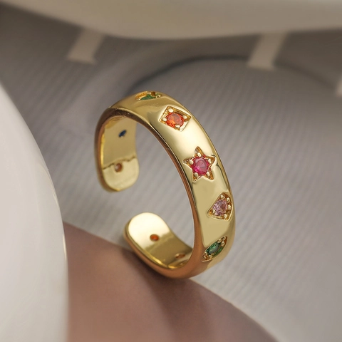 Anello Aperto In Rame Placcato Oro 18K Donna Geometrico Zircone Multicolore Occhio Di Allah Regolabile Retro Gioielli