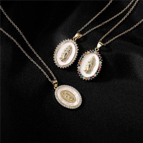 Virgin Mary Our Lady Of Guadalupe Pendant Necklace Copper 18K Gold Plated Zirconia Mother Of Artificial Pearl Religious Jewelry For Women