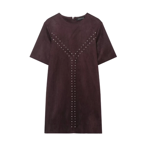 Women Faux Suede Mini Dress Short Sleeve Crew Neck Rivet Decor Back Zipper Solid Color Casual Fashion