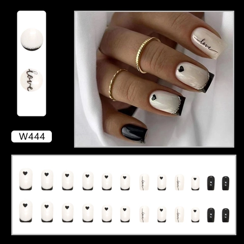 Schwarzes Herz Französisch Press On Nails Quadratisch Falsche Nägel Mit Liebesbrief Muster Glänzendes ABS Für Frauen Süß