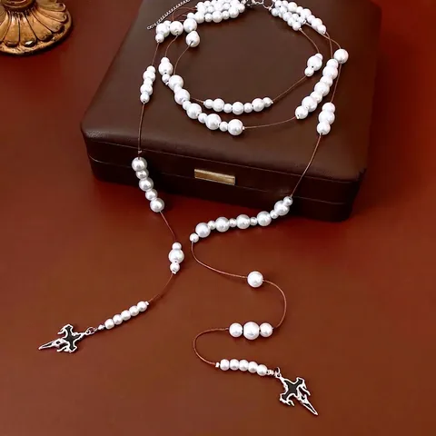 Gotische Lange Hanger Ketting Met Glazen Kruis En Imitatie Kunstparels Legering Vintage Sieraden Voor Dames Dark Style
