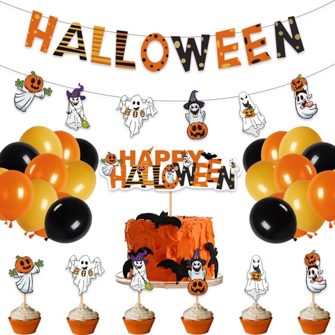 Halloween Ghost Theme Banner Cake Topper Latex Balloons Pumpkin Decoration For Birthday Party Event Haunted House Supplies