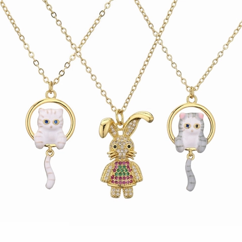 Collana Pendente In Rame Zirconia Smalto Coniglio Gatto Forma Animale Moda Minimalista Catena Clavicola Per Donne
