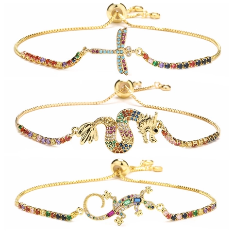 Copper Adjustable Bracelet Colorful Zircon Animal Dragon Gecko Dragonfly Micro Inlaid Gold Plated Fashion Jewelry Women