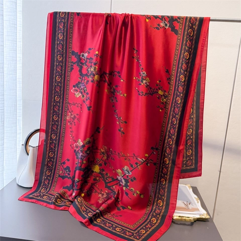 Elegante KunstSatijnn Sjaal Grote Polyester Satijnen Omslagdoek Met Vlinder En Bloemenprint Zonbescherming Voor Dames