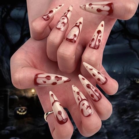 Halloween Press On Nails Long Stiletto Red Blood Drip 3D Horror Gothic Creepy Fake Nails For Women Party Cosplay