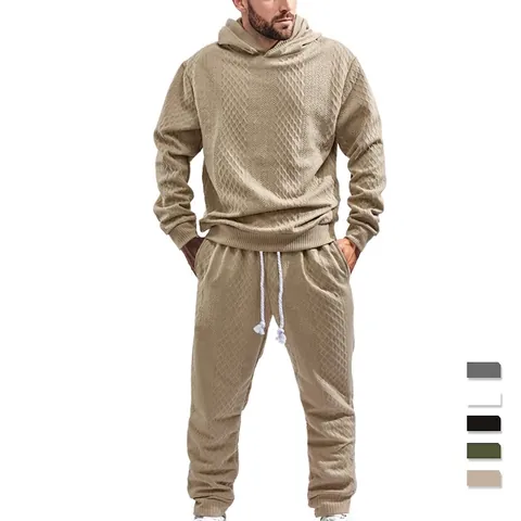 Pullover Con Cappuccio E Pantaloni Da Uomo Maglia Jacquard Trama Diamante Tuta Casual Sportiva