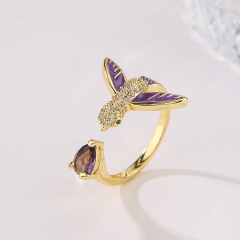 Kolibri Kaninchen Offener Ring Kupfer 18K Vergoldet Emaille Zirkon Tier Verstellbar Modeschmuck Für Damen