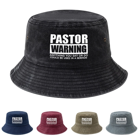 Gewaschener Polyester Anglerhut Für Damen Herren Sonnenschutz Faltbarer Fischerhut Mit Lustigem Pastor Warning Buchstaben Druck