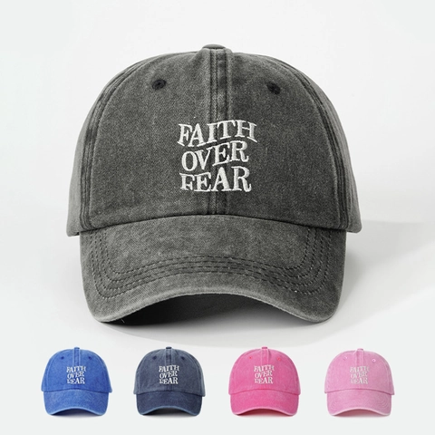 Baseball Cap Washed Cotton Faith Over Fear Embroidery Vintage Adjustable Sun Protection Casual Outdoor Hat