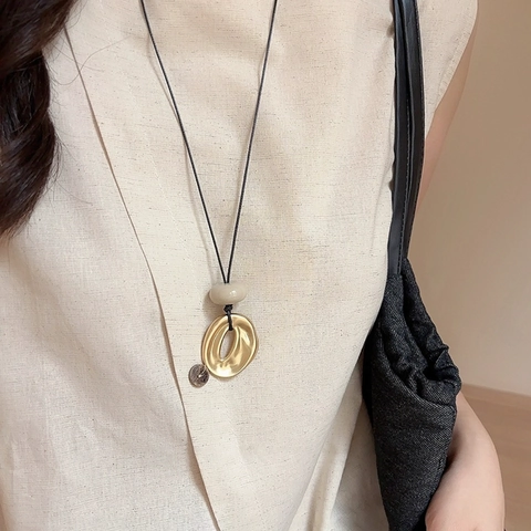 Long Necklace Irregular Geometric Alloy Ring Pendant With Bead And Black Rope Women Minimalist Sweater Chain Fashion