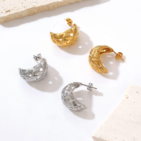 Pendientes De Medio Aro Con Textura De Malla Para Mujer Acero Inoxidable Chapado En Oro 18K Estilo Trenzado
