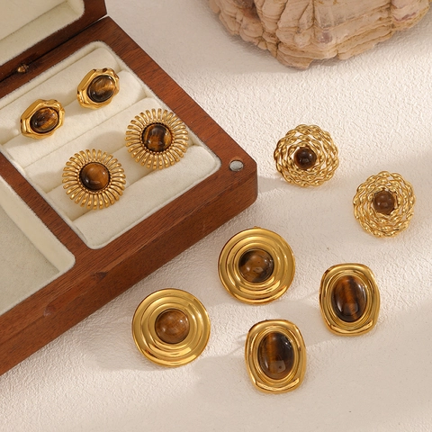 Boucles d'Oreilles Puces En Pierre D'oeil De Tigre Acier Inoxydable Plaqué Or 18K Style Vintage Pour Femmes