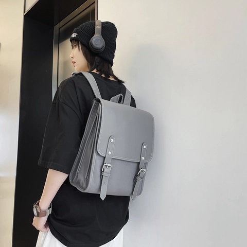 Vintage PU Leather Backpack With Flap Double Buckle Large Capacity School Bag Japanese Style For Women And Men