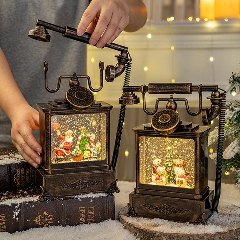 Weihnachtliche Schneekugel Laterne Vintage Telefon LED Licht Glitzer PVC Bronze Retro Tisch Dekoration