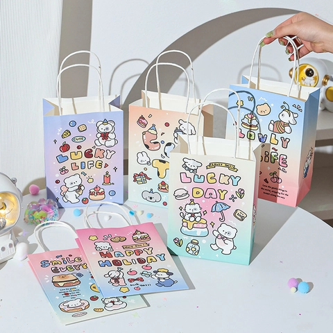Cartoon Animal Kraft Paper Gift Bag Gradient Color Handbag For Birthday Party Candy Packaging Cute Design