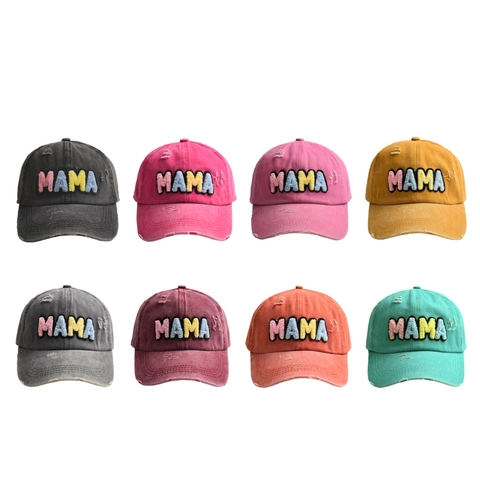 Washed Cotton Baseball Cap Distressed Ripped Hat With Colorful Chenille MAMA Embroidery Adjustable For Women Vintage