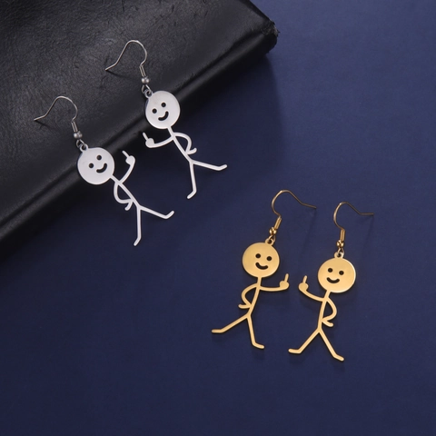 Funny Stickman Middle Finger Earrings Creative Rebellious 304 Stainless Steel Hook Dangle Ear Jewelry For Women Men