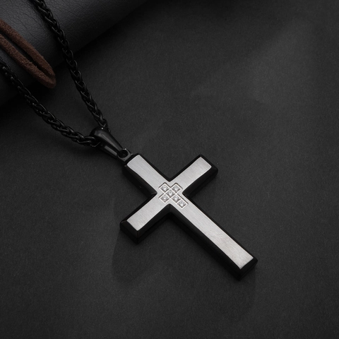 Collar Con Colgante De Cruz Acero Inoxidable Bicolor Negro Plata Con Zircón Joyería Punk Religiosa Hombre Mujer