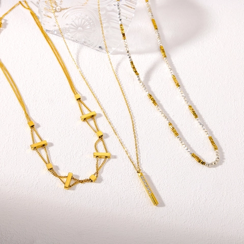 Minimalist Stainless Steel Necklace For Women Gold Silver Plated Rhinestone Bar Pendant Geometric Double Layer Beaded Necklaces Jewelry