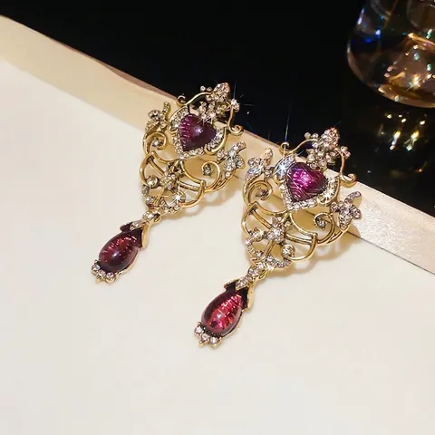 Baroque Palace Heart Water Drop Earrings Alloy Rhinestone With 925 Sterling Silver Earring Post Vintage Elegant Jewelry
