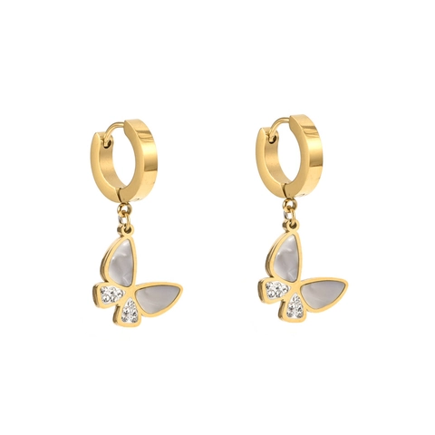 Vlinder Drop Hoop Oorbellen Titanium Staal Met Kunstparelmoer En Strass Elegante Sieraden Voor Vrouwen Goud