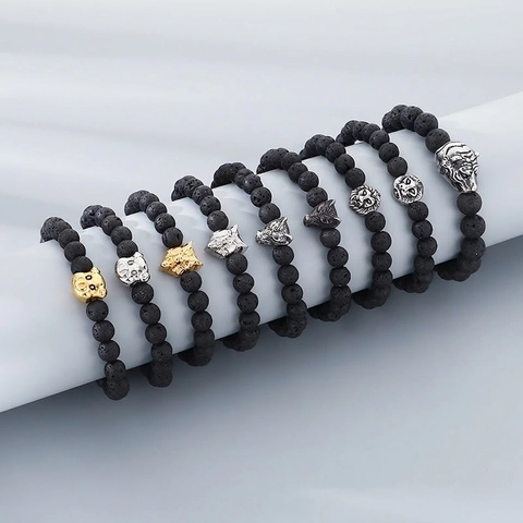 Natural Volcanic Lava Stone Beaded Bracelet With Alloy Animal Head Charm Retro Punk Style Jewelry For Men Women Unisex