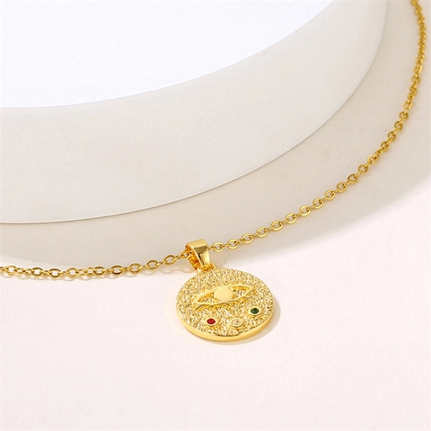 Collar Colgante Moneda Mal de Ojo Acero Inoxidable Con Circonita Medallón Redondo Relieve Estilo Retro Joyas Para Mujer