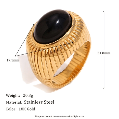 Stainless Steel Ring 18K Gold Plated Black Agate Oval Cabochon Striped Texture Band Retro Vintage Jewelry For Women
