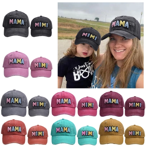 Washed Cotton Distressed Baseball Cap Colorful Chenille Letter Mama Mimi Embroidery Sun Hat For Parent And Child