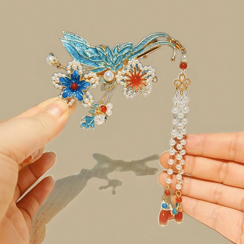 Pinza Para El Cabello Vintage Mariposa Flor Aleación Esmalte Perla Artificial Borla Larga Horquilla Estilo Antiguo Mujeres Azul
