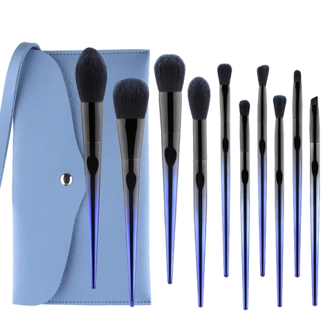 Brochas De Maquillaje Degradado Azul Negro Mango De Plástico Cerdas De Fibra Sintética Con Bolsa De Almacenamiento Portátil Para Polvos Colorete Sombra De Ojos Base