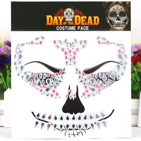 Tag Der Toten Gesicht Rhinestone Aufkleber Halloween Schädel Temporäres Tattoo Selbstklebend Acryl Edelstein Körperkunst