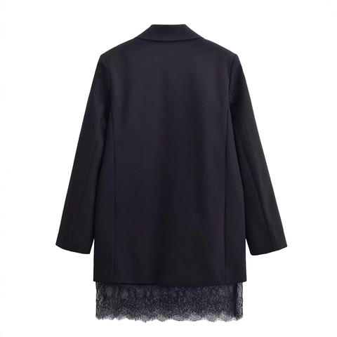 Elegant Women Blazer Dress Lace Hem Long Sleeve Deep V Neck Solid Color Slim Fit Mini Dress Fashion Celebrity Style