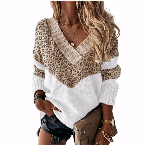 Women's Casual V-Neck Color Block Leopard Striped Knit Pullover Sweater Long Sleeve Loose Autumn Winter Acrylic Top Knitwear