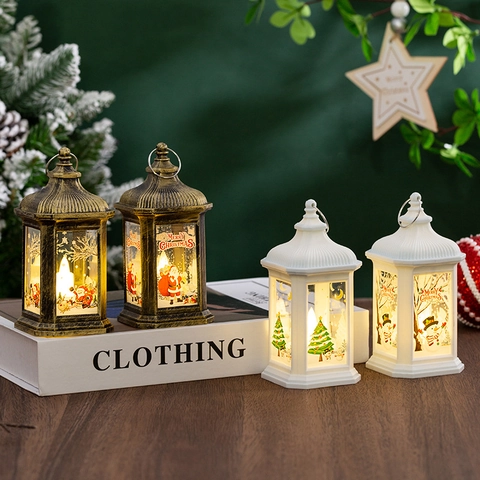 LED Christmas Lantern Portable Retro Hanging Night Light Decorative Desktop Ornament Painted Plastic Warm Light Vintage